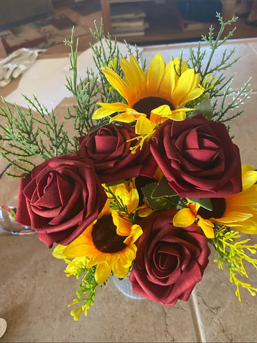 Artificial Burgundy Rose and Yellow Sunflower Arrangement in Silver Vase